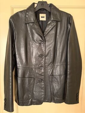 Vintage DKNY Black Leather Button-Front Blazer Jacket